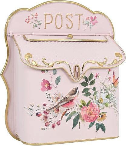 BIG FORTUNE Wall Mount Mailbox for House Outside Vintage Metal Door Mailbox Antique Style Nostalgic Charm Home Decor Garden Vintage English Cottage Decor Flower Patter (Pink)