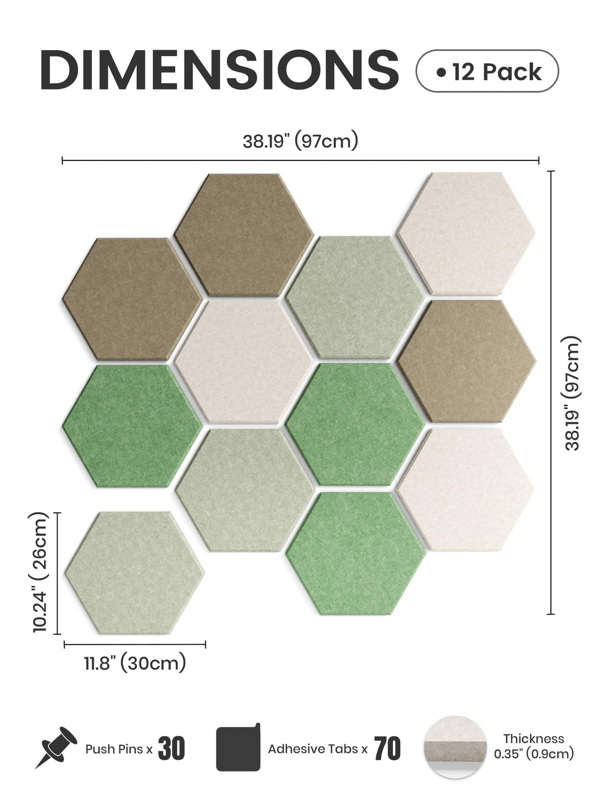 Fluxynara Hexagon Cork Board Alternative for Walls Decor-12-Pack Felt Bulletin Board Tiles,with 30 Pushpins,70 Adhesive Tabs for Office,Classrooms & Home Pin Board Felt Board-Moss Haven