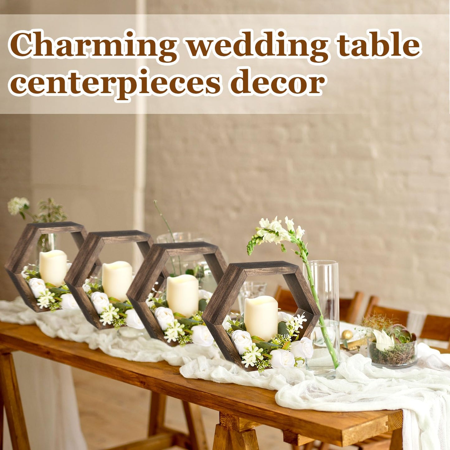 Colingmill 16 Pcs Wooden Candle Lantern Set Includes 8 Rustic Wedding Centerpieces for Table Decorative Candle Lanterns and 8 Flameless Decorative LED Candles for Wedding, Dark Brown, Hexagon