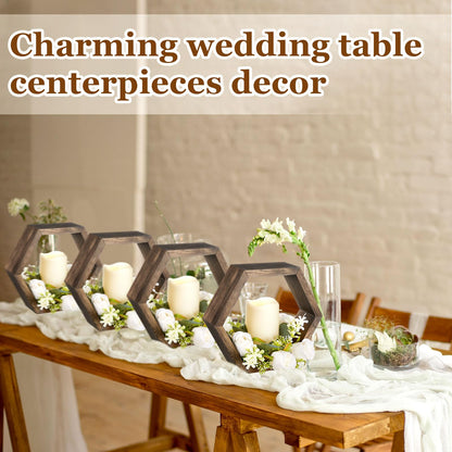Colingmill 16 Pcs Wooden Candle Lantern Set Includes 8 Rustic Wedding Centerpieces for Table Decorative Candle Lanterns and 8 Flameless Decorative LED Candles for Wedding, Dark Brown, Hexagon