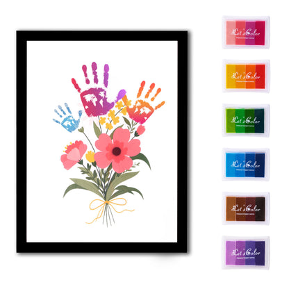 CHERRY CHEERS Flower Bouquet Handprint Art Kit, 3 Special Unique Sheets with Floral Design, DIY Keepsake Craft Gift, Meaningful Christmas or Thanksgiving Gift, 6 Colors Non-Toxic Inkpads (Black)
