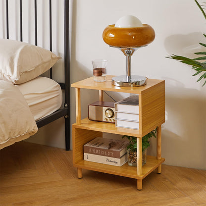 Aibiju Wooden Night Stand with Open Shelf, Nightstand with Solid Wood Legs, S-Shaped Bed Side Table 3 Tier, End Table Natural Wood YD-TM152N