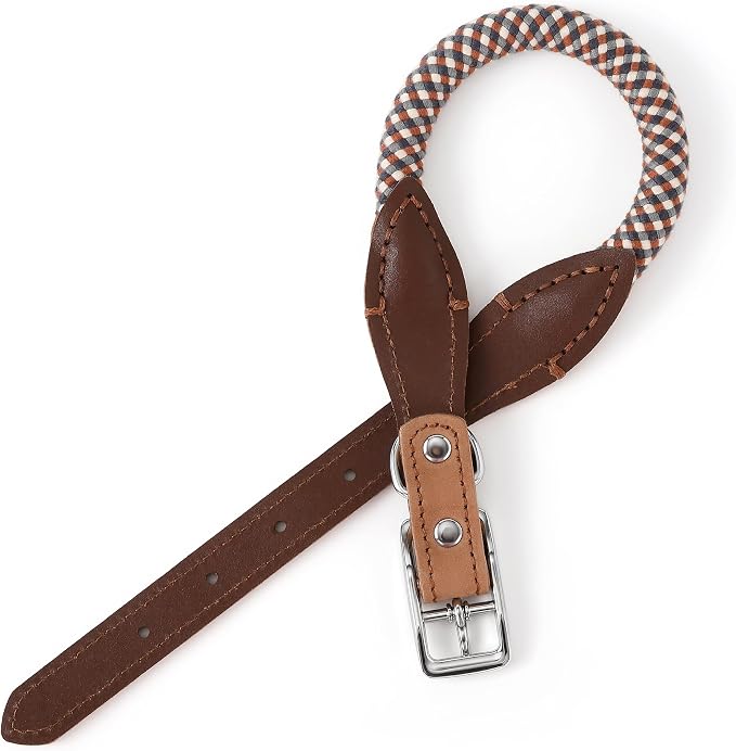 Mile High Life Genuine Leather Dog Collar, Durable Braided Cotton Rope Collar with Metal Pin Buckle for Small Medium Large Dogs (Brown Plaid, M Neck 15"-18")