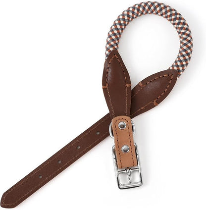 Mile High Life Genuine Leather Dog Collar, Durable Braided Cotton Rope Collar with Metal Pin Buckle for Small Medium Large Dogs (Brown Plaid, M Neck 15"-18")