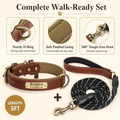 Leather Dog Collar Personalised and Leash Set, Personalized with Soft Padded Design Heavy Duty Featuring Custom Engraved Name Plate for Small Medium and Large Dogs