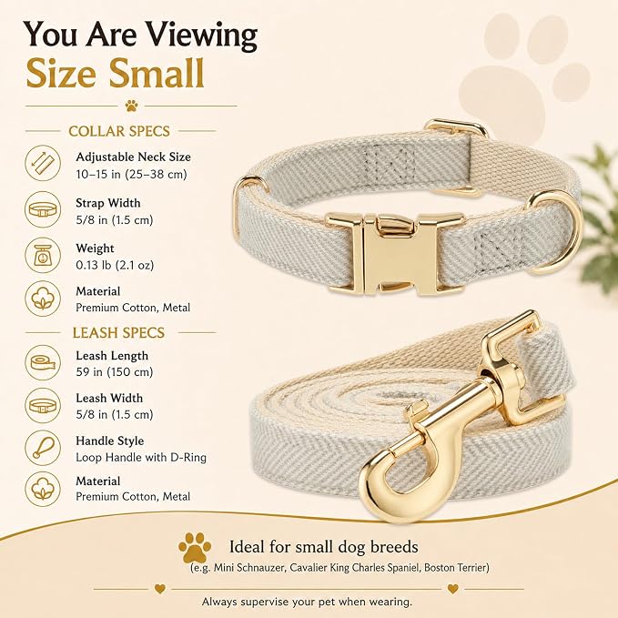 Herringbone Tweed Dog Collar and Leash Set for Small Dogs, Gray | Snag-free, no-rub design. Soft breathable cotton, gentle on fur. Adjustable durable matching combo for walks & outdoors.