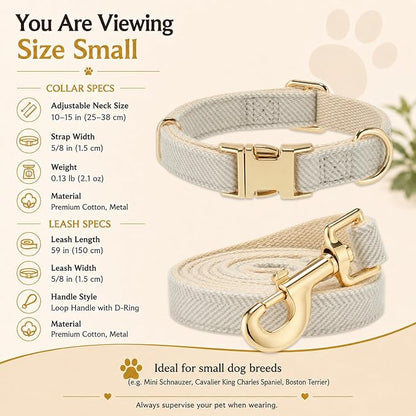 Herringbone Tweed Dog Collar and Leash Set for Small Dogs, Gray | Snag-free, no-rub design. Soft breathable cotton, gentle on fur. Adjustable durable matching combo for walks & outdoors.