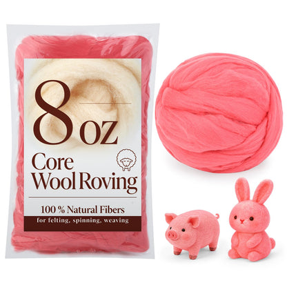 8 OZ Premium Merino Wool Roving, Soft Needle Felting Core Wool, Carded Felting Wool for Sculpting, Wool Dryer Balls & DIY Spinning, Ideal Felting Supplies for Beginners, Pink
