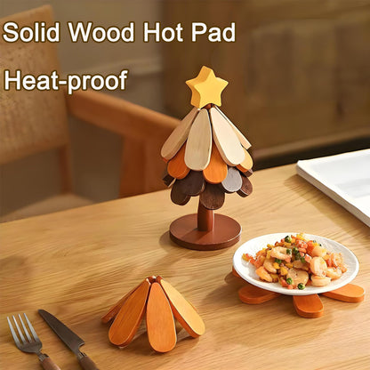 Table Decor Coaster, Tree Trivet Wooden Tree Coasters Christmas Tree Coasters Set of 5,Foldable Kitchen and Restaurant Wooden,for Hot Dishes、Pot、Bowl、Teapot、Hot Pot Holder (Star)