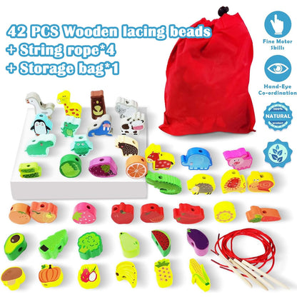 exinddea 46 PCS Wooden Lacing Beads,Animals Fruits Threading Toys for Toddlers,Preschool Learning Lacing Toys,Montessori Educational Stringing Threading Beads Toys for Kids 3 4 5 6 Year Old Boys Girls