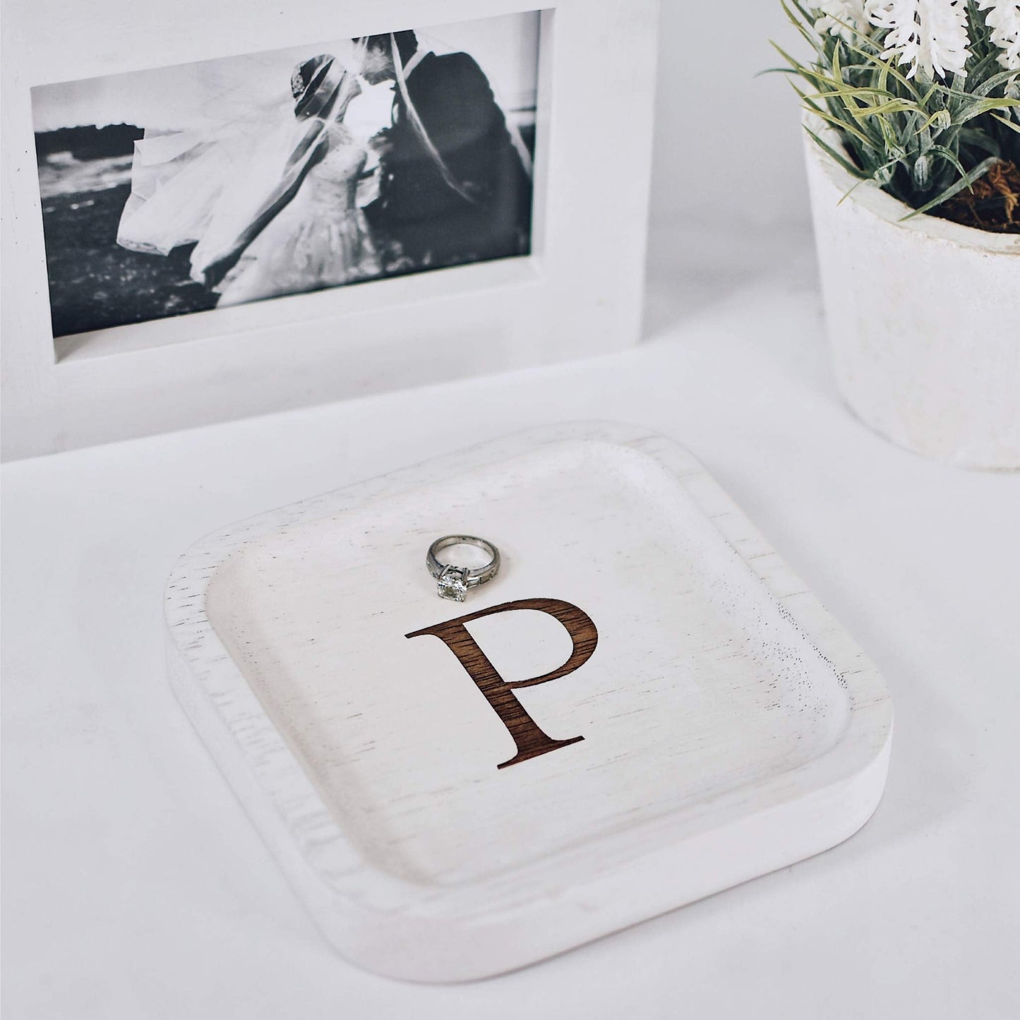 I'm Wooden Personalized Letter Catchall Valet Tray Trinket Dish Jewelry Tray Key Bowl Decorative Plate Organizing Ring Earrings Necklaces Bracelet Watch Coins Wallet Holder (6"x6" Sq White P)