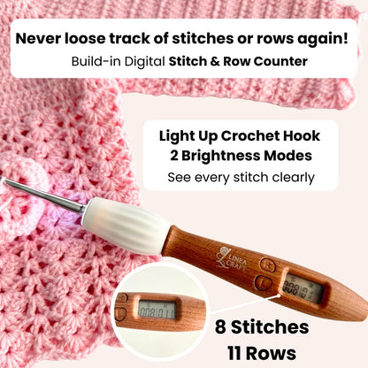 LineaCraft Counting Crochet Hook Set with Light & Counter – 18 Sizes Interchangeable Hooks Kit for Beginners, Light up, Digital Stitch & Row Counter, Ergonomic for Arthritic Hands – Crochet Gift