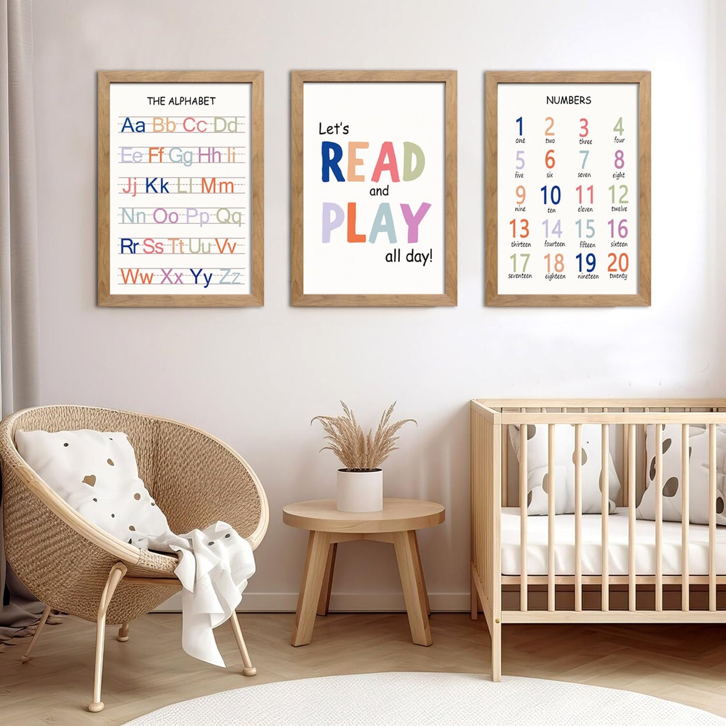 Cute Alphabet Numbers Framed Wall Art Set of 3, Boho Educational ABC Poster Wooden Sign for Baby Girl Kid Boy Toddlers, Neutral Preschool English Letters Nursery Decor for Homeschool Playroom Daycare