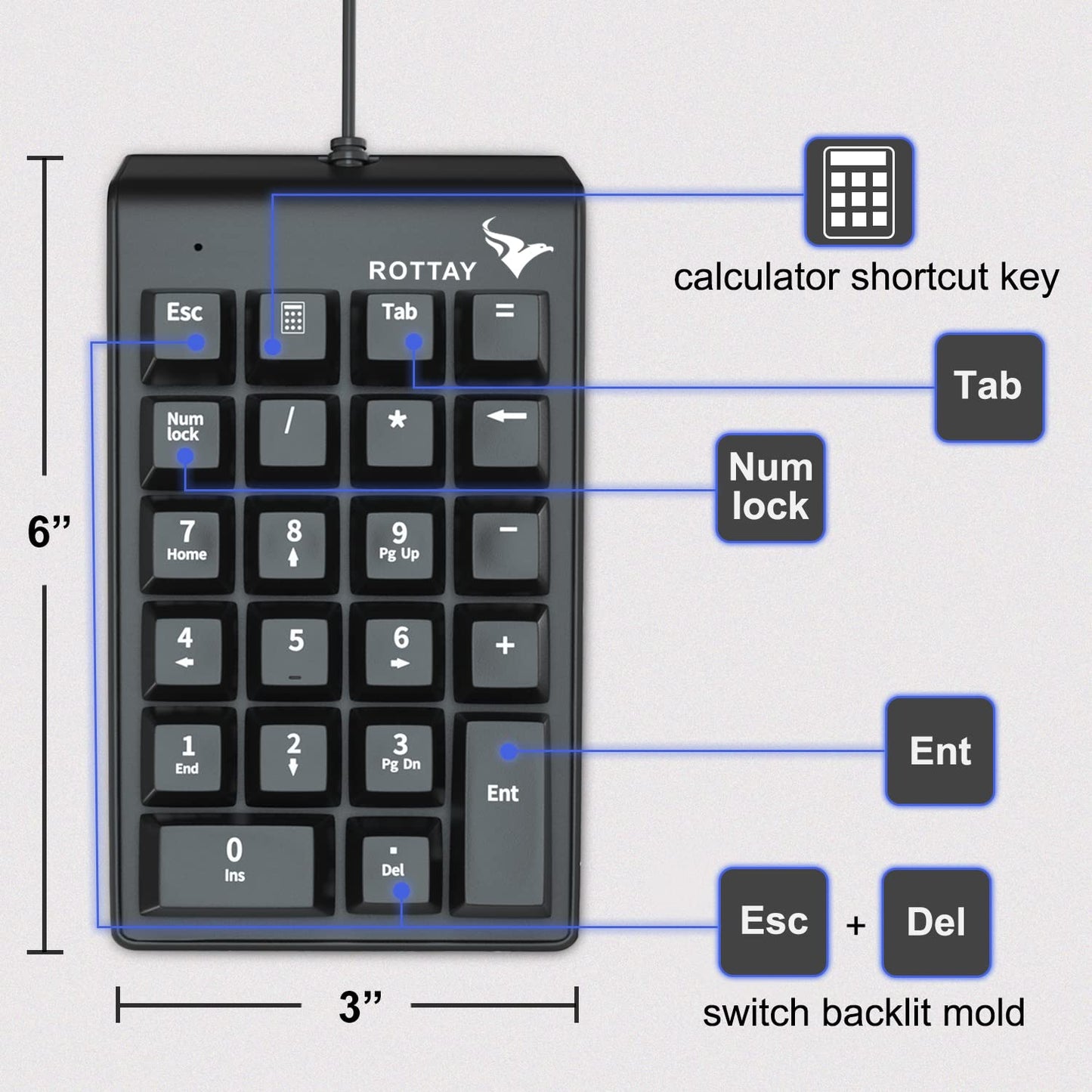 Rottay Number Pad, Mechanical USB Wired Numeric Keypad with Blue LED Backlit 22 Key Numpad for Laptop Desktop Computer PC Black (Blue switches)