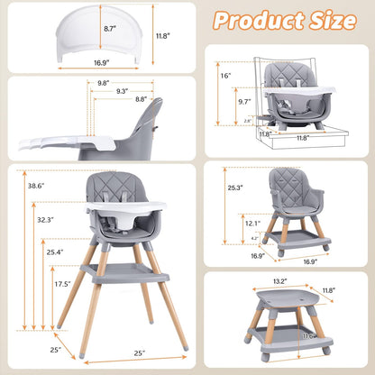 Babyliebe Baby High Chair, 8 in 1 Convertible Wooden High Chair for Babies and Toddlers, Converts to Booster Seat, Toddler Chair & Stool, with Removable Double Tray, Adjustable Legs & Footrest (Gray)