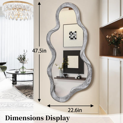 Lzuso Irregular Wooden Framed Wall Mirror Modern Asymmetrical Unique Hanging Mirror Artistic Unique Cloud Shape Wall Decor Bathroom Vanity Bedroom Living Room Entryway Hallway Large 47" x 22"