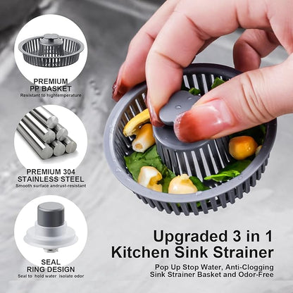 3 in 1 Kitchen Sink Drain Strainer and Stopper, 304 Stainless Steel Pop-up
