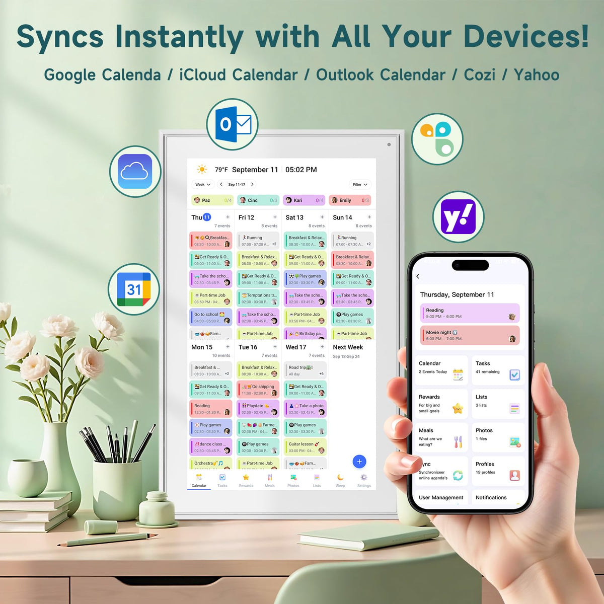 21.5 Inch Digital Wall Calendar – Rewards for Chores! Smart Electronic Family Organizer with Touchscreen, Meal Planner & Photo Frame, Syncs with Google/iCloud, for Wall or Desk, White (New Version)