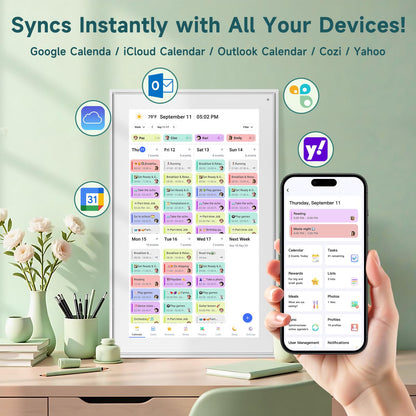 21.5 Inch Digital Wall Calendar – Rewards for Chores! Smart Electronic Family Organizer with Touchscreen, Meal Planner & Photo Frame, Syncs with Google/iCloud, for Wall or Desk, White (New Version)