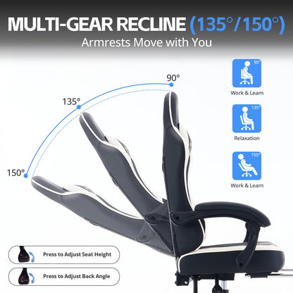 Kslysuty Desk Computer Gaming Chair - High Back Ergonomic Office Chair with Footrest and Lumbar Support, Swivel Comfy Home Gamer Video Game Chairs with Pocket Spring Cushion for Adults (White Leather)