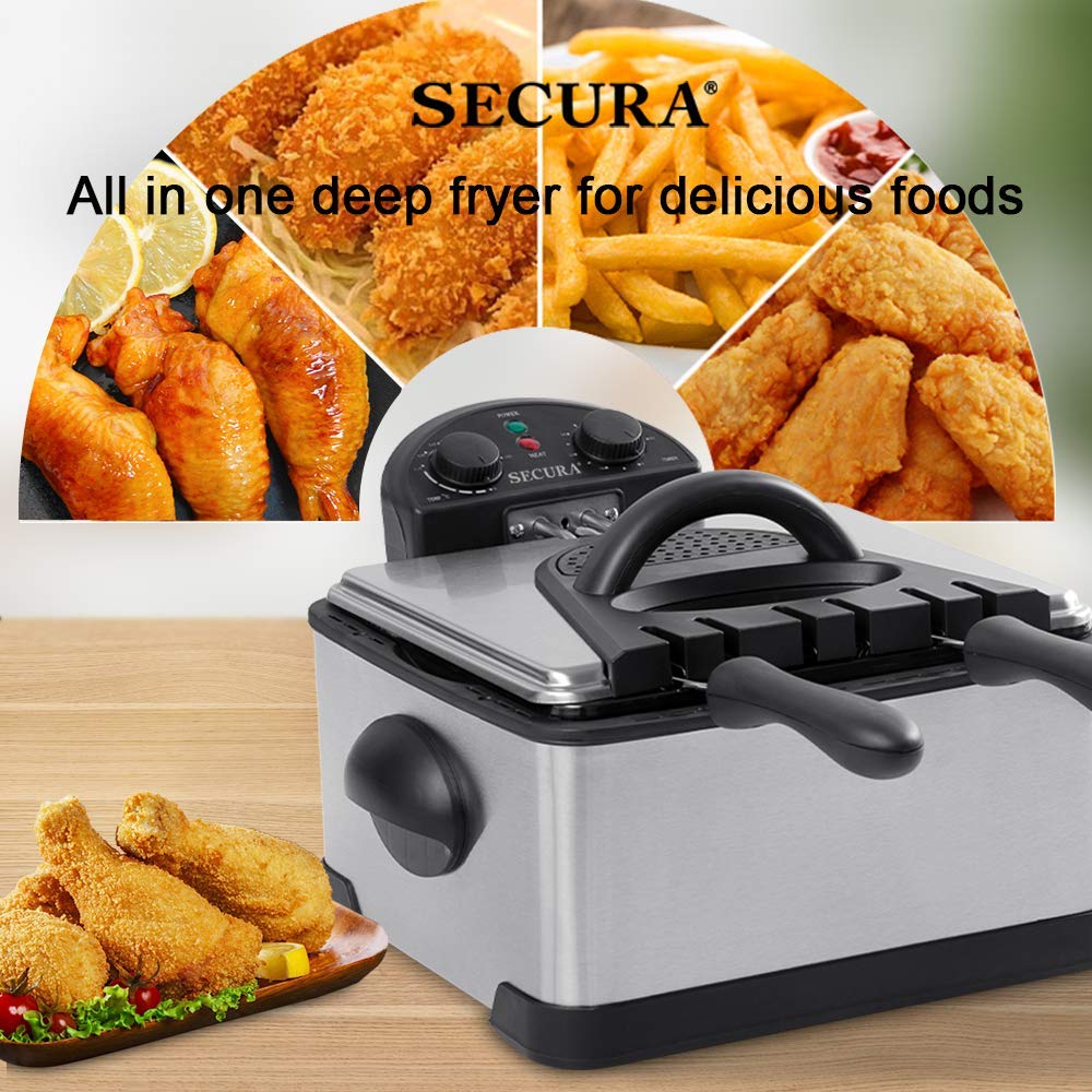 Secura 1700-Watt Stainless-Steel Triple Basket Electric Deep Fryer with Timer Free Extra Odor Filter, 4L/17-Cup, Red