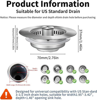3-in-1 Kitchen Sink Drain Strainer & Sink Stopper 2 Pack : 304 Stainless Steel