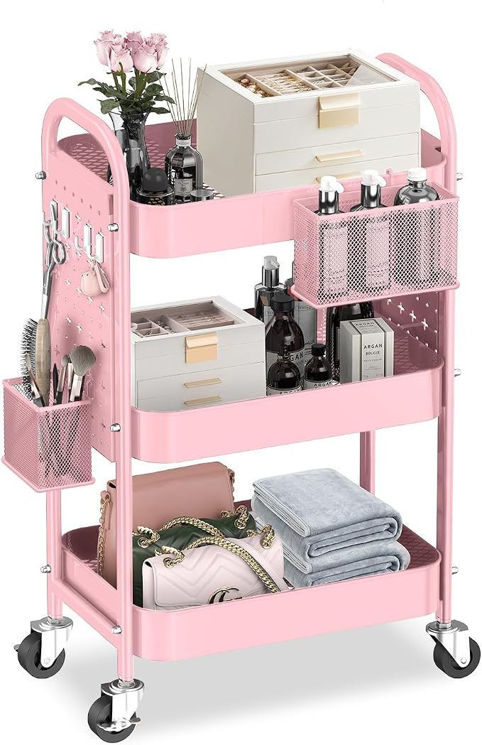 ALVOROG 3 Tier Rolling Cart with DIY Pegboards Metal Utility Cart with Wheels Handles Baskets Hooks, Craft Cart for Office Kitchen Bathroom(Cherry Blossom Pink)