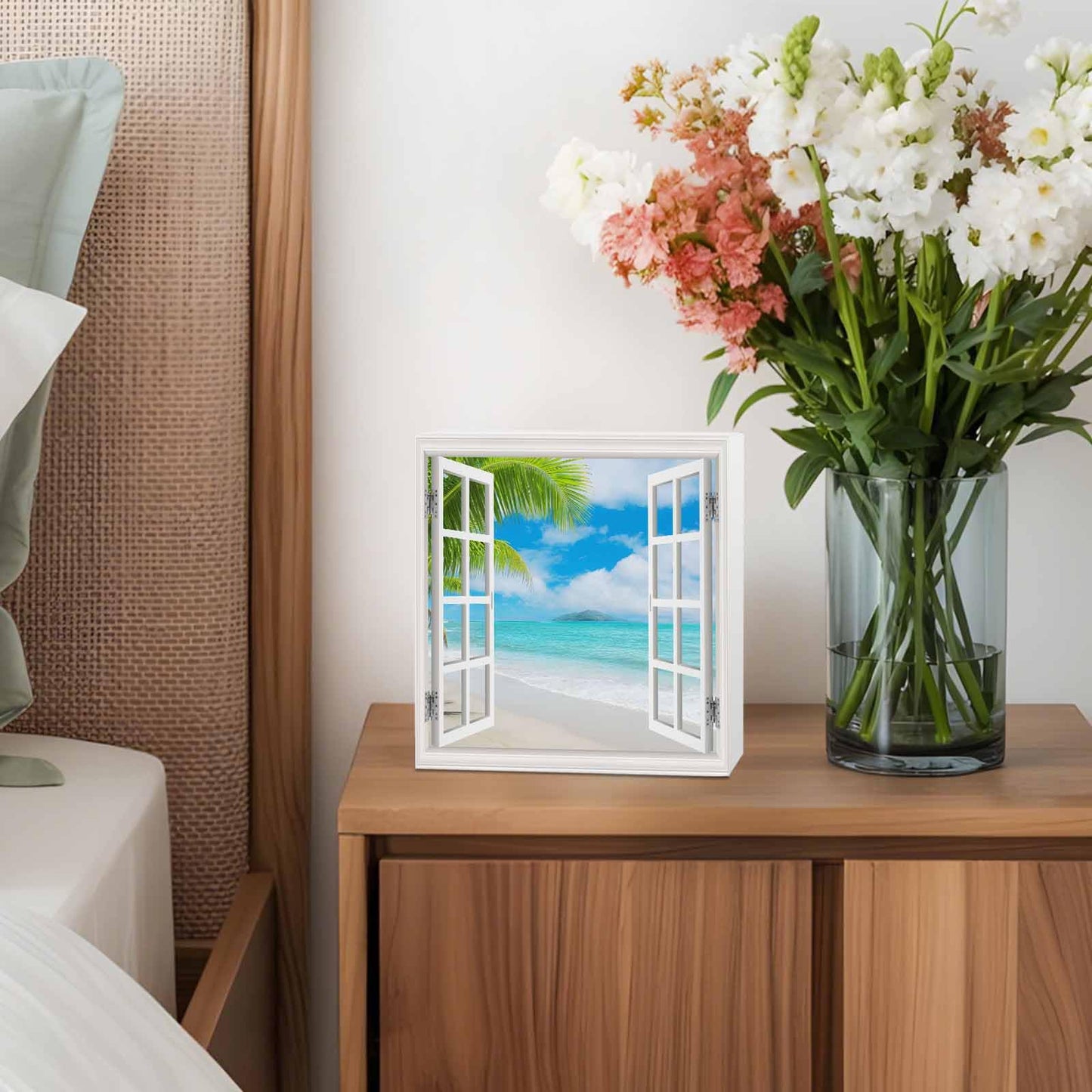 Blue Sky Beach Wood Box Sign Desk Decor, Coconut Trees Island Windows View Decorative Wooden Block Box Sign Decorations for Home Office Shelf Table Decor 6x6 Inches