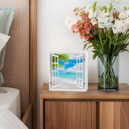 Blue Sky Beach Wood Box Sign Desk Decor, Coconut Trees Island Windows View Decorative Wooden Block Box Sign Decorations for Home Office Shelf Table Decor 6x6 Inches