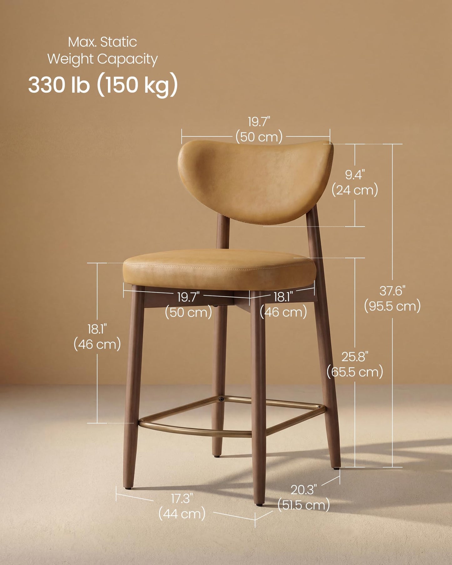 VASAGLE Wooden Bar Stools Set of 2, Upholstered Counter Height Barstools with Solid Wood Legs, Ergonomic Backrest, Mid Century Modern, for Kitchen Island, Synthetic Leather, Caramel Brown