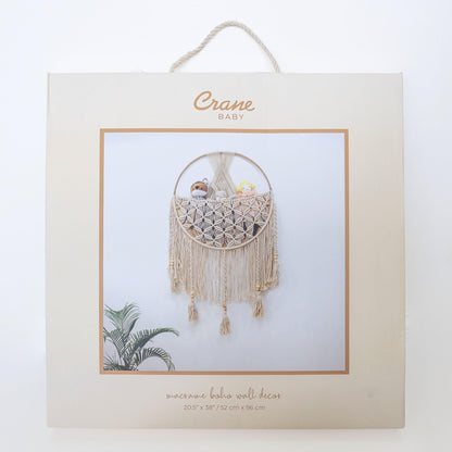 Crane Baby Charlie Farmhouse Macramé Boho Toy Bin with Tassels, Hanging Basket Nursery Decor, Stuffed Animal Storage, Wall Organizer for Playroom, Boho Baby Room Decor& Kids Room Organization
