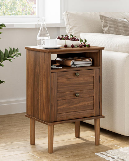 Apetaccat Nightstand, Boho Night Stand with 1 Drawer, Modern Side Accent Table with Open Shelf, Wooden Top Bedside End Table for Bedroom, Living Room, Walnut