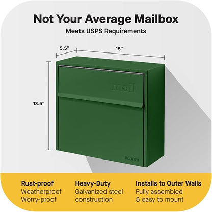 Adoorn Lockable Wall Mount Mailboxes for Outside - Small Anti-Theft Locking Mailbox for Letters - Weatherproof Construction - Durable Steel - 13.5" H x 15" L x 5.5" D - Forest Green