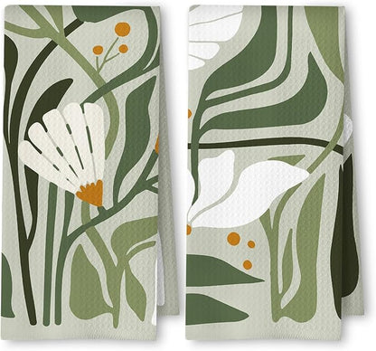 Abstract Boho Sage Green Floral Kitchen Towels Set of 2, 70s Retro Groovy Boho