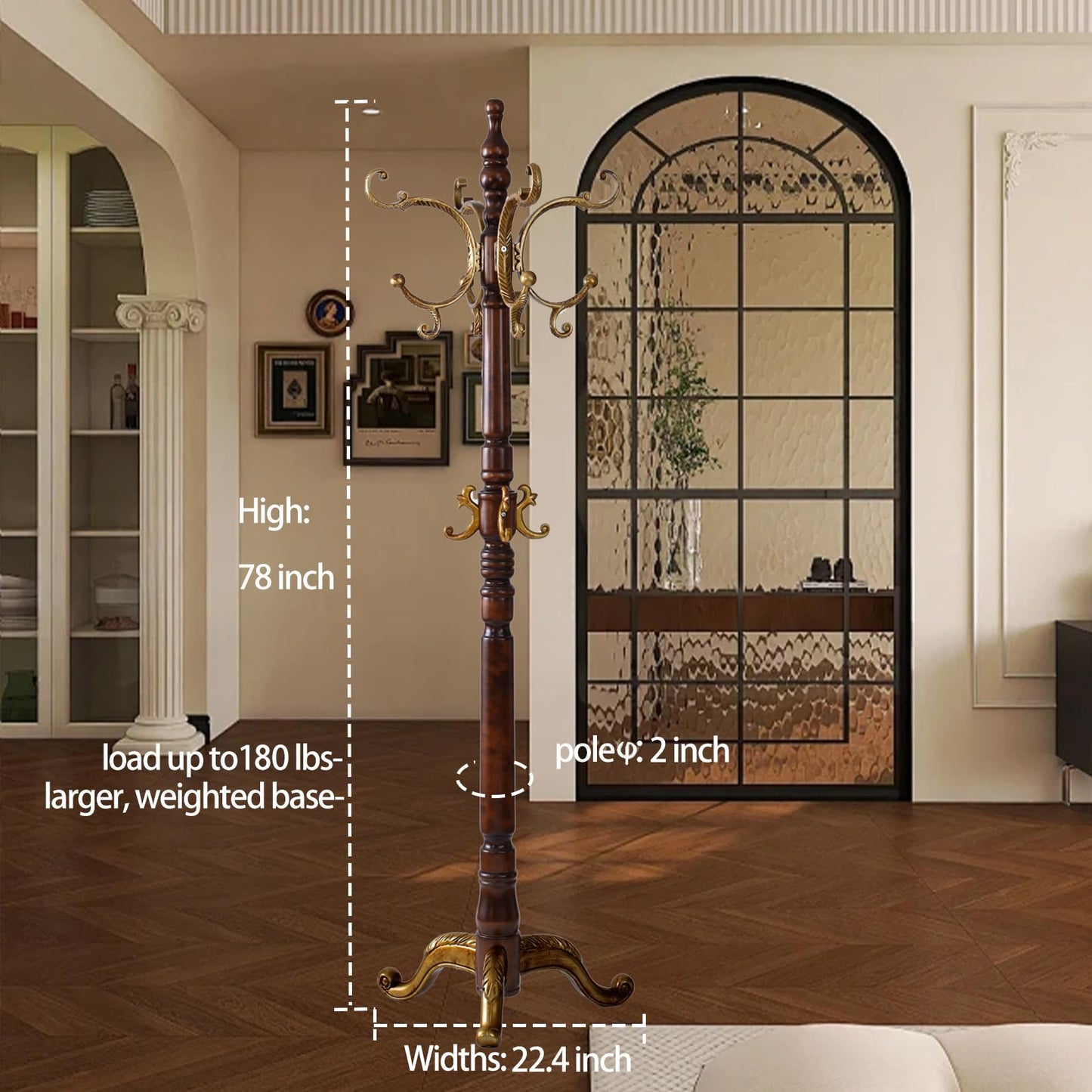 Hebtwebf Wooden Coat Racks, Retro 78" Coat Tree with 12 Hooks & Stable Triangular Base, Entryway Coat Rack Freestanding for Hat, Clothes, Scarves, Handbags, Umbrella (Vintage)