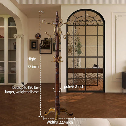 Hebtwebf Wooden Coat Racks, Retro 78" Coat Tree with 12 Hooks & Stable Triangular Base, Entryway Coat Rack Freestanding for Hat, Clothes, Scarves, Handbags, Umbrella (Vintage)