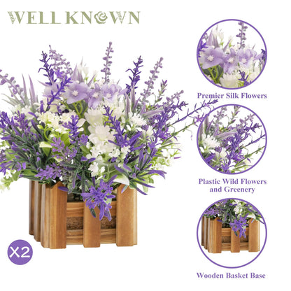 WELL KNOWN Artificial Lavender Plants in Wooden Baskets, Artificial Mini White Flower Arrangement in Planter for Home Hotel Office Table Wedding Centerpieces & Gift(Set of 2)