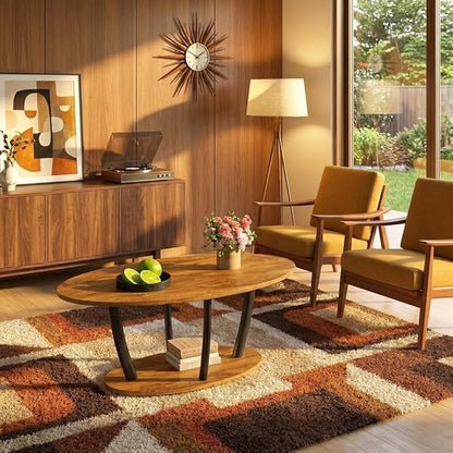 Manora Rustic Oval Coffee Table with Storage Shelf, 2-Tier Wood Grain Center Table for Living Room, Farmhouse Tea Table with Sturdy Black Legs for Apartment, Small Spaces, Easy Assembly, Brown