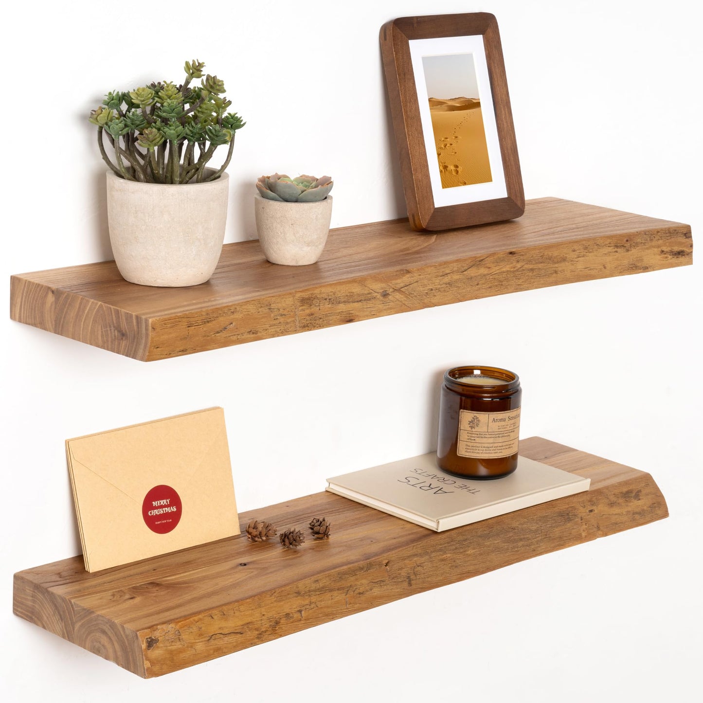24 Inch Live Edge Floating Shelves for Wall 2 Pack Shelves for Bedroom, Bathroom, Kitchen, Wall Mounted Rustic Solid Elm Wood Floating Shelf with Invisible Bracket for Books, Decor, Storage, Natural