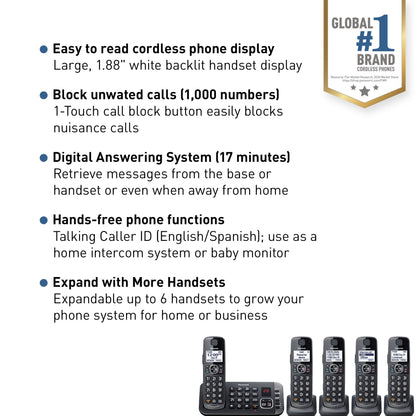 Panasonic DECT 6.0 Expandable System, Cordless Phones With Answering Machine and Call Blocking - 5 Cordless Phones 5 Handsets - KX-TGE645M (Metallic Black)