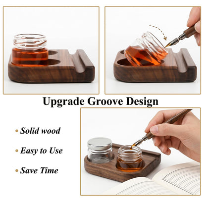 ZOOFOX Wooden Tilting Calligraphy Pen Holder, Brown Wood Ink Well for Dip Pen with Pen Rest and Two Empty Glass Ink Bottle Container, Calligraphy Oblique Nib Holder for Effortless Writing