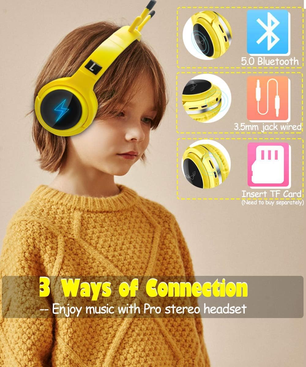 Kids Wireless Bluetooth 5.0 Earphones with 7 Colors LED Light, Earhook Headphones, Foldable Built-in Microphone, Suitable for Boys and Girls Game/Music/Study, Christmas/Birthday/Travel Gift (Yellow)
