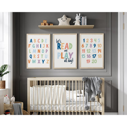 Kids Playroom Wall Art Decor Alphabet Poster Play Room Canvas Wall Decor ABC Nursery Wall Art 123 Toddler Poster Let's Read for Boy Girl Room 12x16 Inch Wood Framed Set of 3