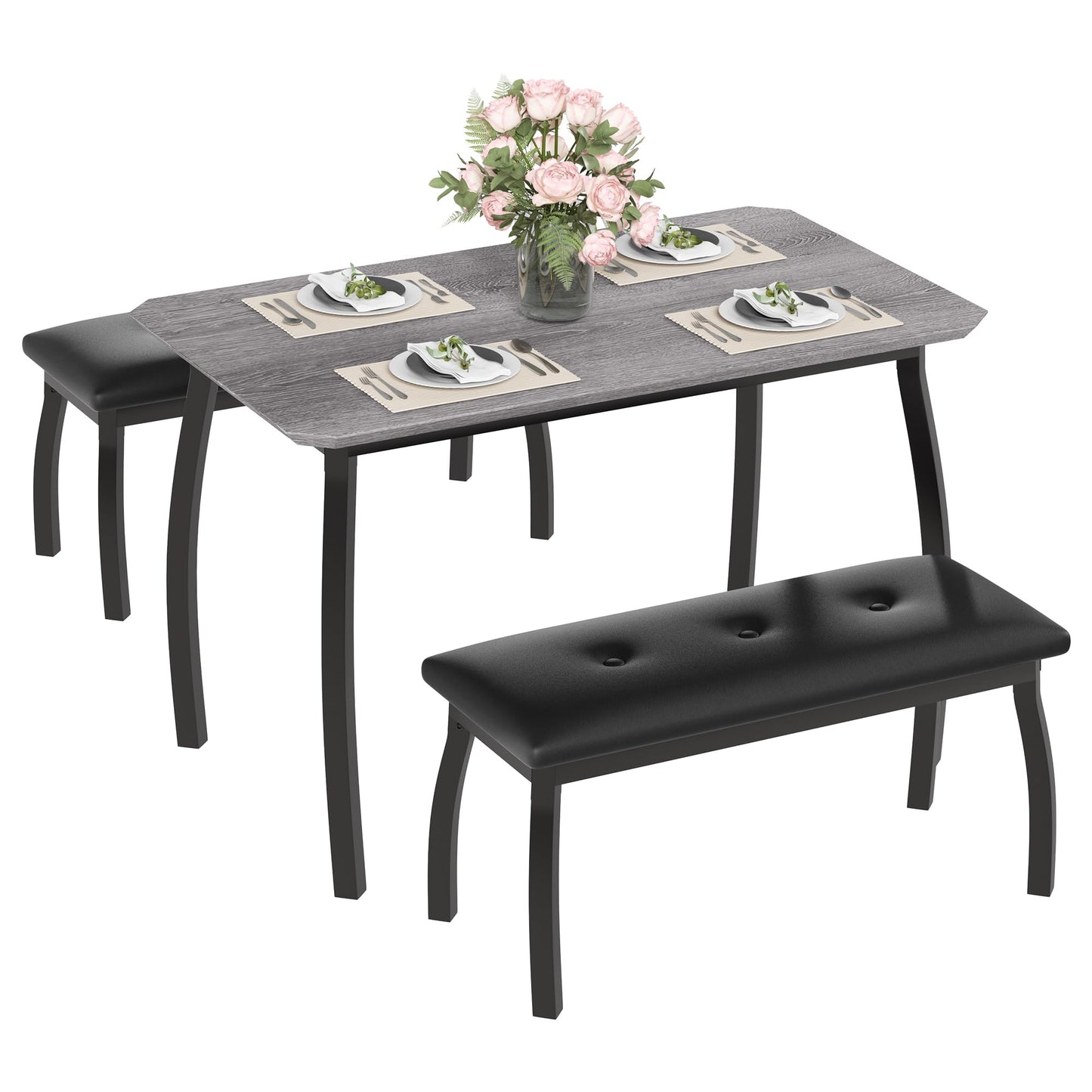 Garvee Dining Table for 4, 3-Piece Kitchen Table Set with Wooden Tabletop and Metal Frame, Industrial Retro Kitchen Table with 2 PU Leather Benches for Bar, Dining Room, Restaurant- Grey