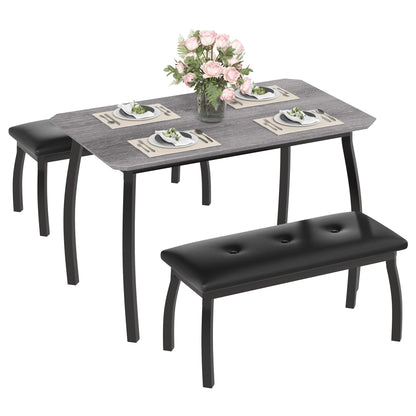 Garvee Dining Table for 4, 3-Piece Kitchen Table Set with Wooden Tabletop and Metal Frame, Industrial Retro Kitchen Table with 2 PU Leather Benches for Bar, Dining Room, Restaurant- Grey