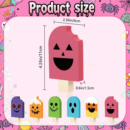 Kathfly 6 Pcs Summer Halloween Table Decor Wooden Ice Cream Tiered Tray Decor Halloween in Summer Table Sign Spooky Cute Tabletop Centerpiece for Home Kitchen Shelf Display Desk Party Decoration Gift