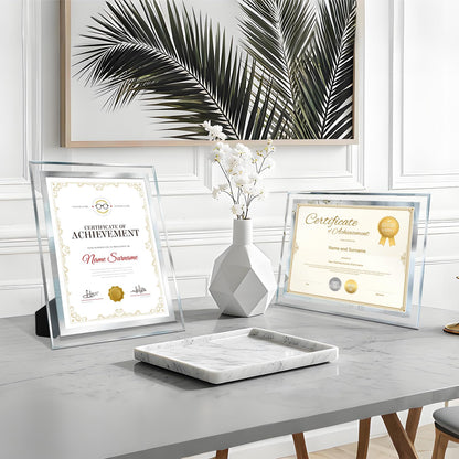 SIMON'S SHOP 4 Pack Picture Frames 8.5 x 11 Frames for Certificates and Awards 8 1/2 x 11 Wall and Tabletop Frame Set, Clear with Silver Trim