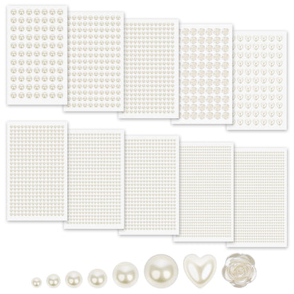 MYDBUYSOME 3701PCS Pearl Stickers Pearls for Crafting - Self Adhesive Pearls for Hair Face Makeup Eye Nail Crafts, Stick On Gems (White, Assorted Sizes)