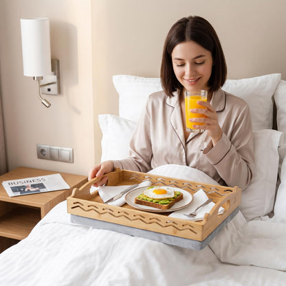 Okllen Bamboo Lap Tray with Detachable Cushion & Handles, 16"x12.2" Breakfast Bed Tray for Eating, Recliner/Sofa/Bed, Housewarming Gift