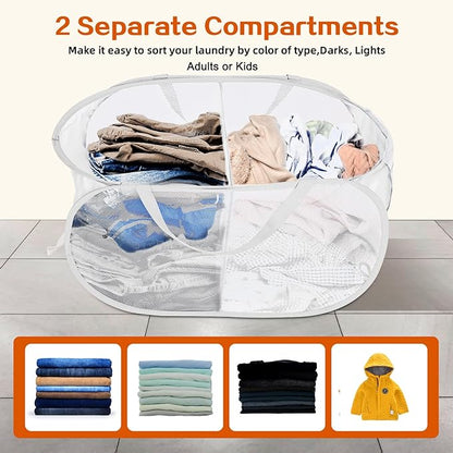 Durable Collapsible Foldable Mesh Pop Up Laundry Basket, 2 Compartments Easy to